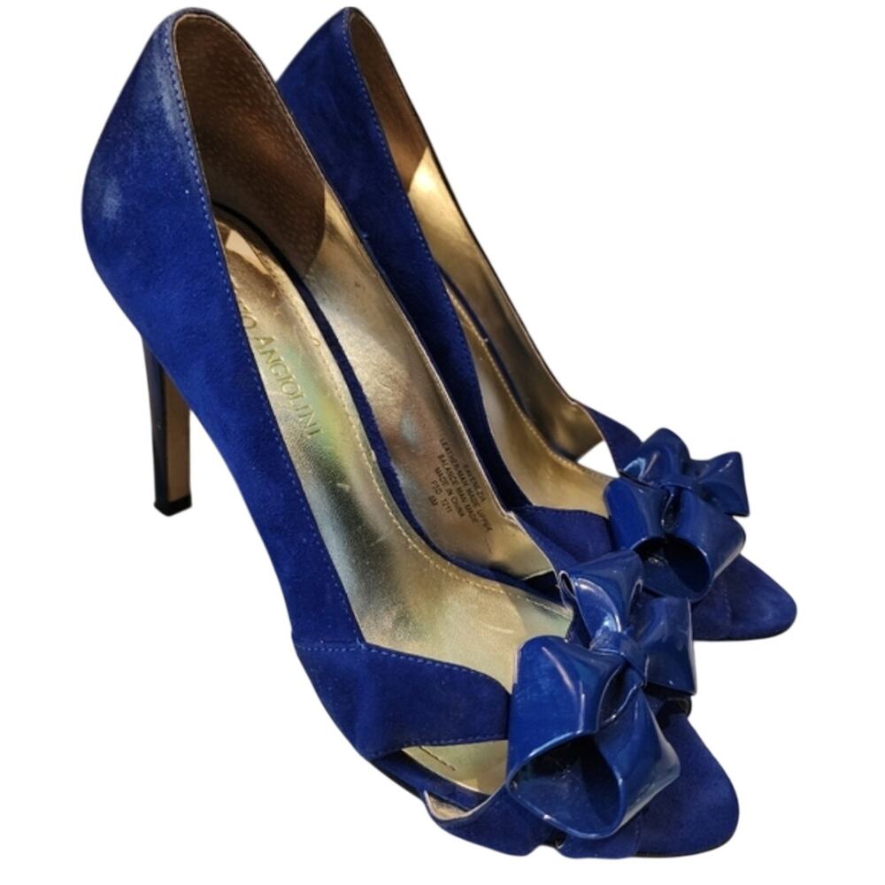 Enzo Angiolini Royal Blue Suede Peep Toe Heels Shoe Patent Leather Bow Size 7.5